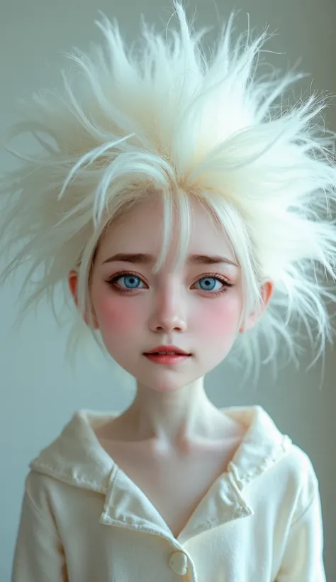 Best Quality、masterpiece、RAW Photos、Film Grain、８ｋ、Ultra-high resolution、Very cute girl、Albino Girl、Pale face_eye_lips、(((Plasma Light Hair、White Hair、Pale, spiky hair:1.37、Static electricity causes spiky hair、Bedhead Max、Faint Spark、Pure white hair:1.2、Sur...