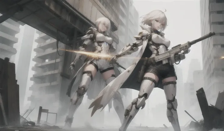 white hair, female machine breasts，slim figure，full body armor，mechanical joint，coat，shorts，thigh，ruins，machine gun，High resolution, 