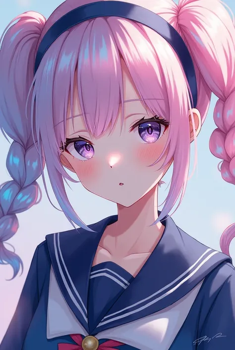 Reflective Transparent Iridescent Opaque Hair(Pink and light blue)、Twin-tailed braid、Navy blue headband、Navy blue sailor suit、Purple eyes、crew、Raise the corners of the mouth
