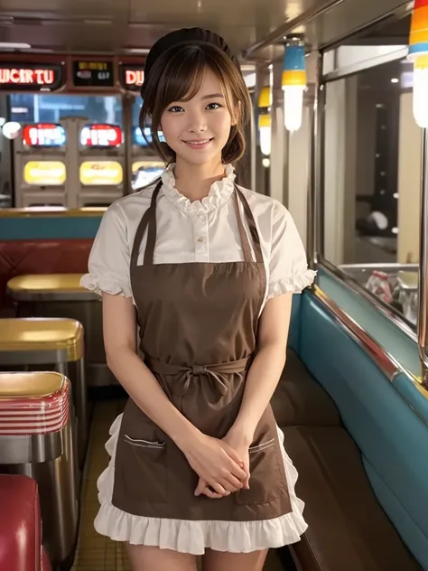 Cowboy Shot, 
break, 
((1960s Diner Uniform:1.2)), ((Ruffled Apron:1.2)), 
break, 
View your viewers, Japanese female university student, (One Woman:1.2), She is very beautiful, Glowing Skin, Perfect Face, Cute and symmetrical face, Big Breasts, 
break, 
L...