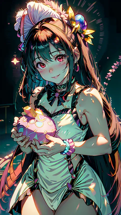 (highest quality, masterpiece, High resolution)、(anime art)、bright light、brown eyes、(Cat ear)、long hair、hair ornaments、choker、Cute face details、enchanting smile、small breasts、whole body、Crackers popping、 Decoration、((sakura tropical background))、teal and p...