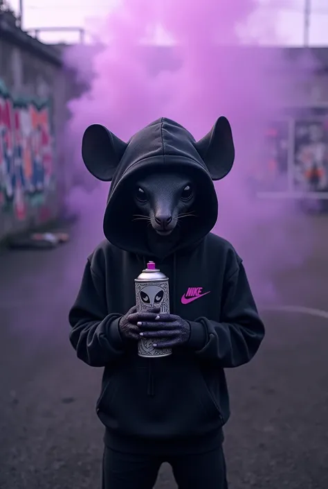 Alien mouse shh silence hoodie all black with nike branding, holding spray can with number 2448 alien, favela football field wallpaper, neon ultra violet, fog, smoke, special effects, quality 8k, drone sky
