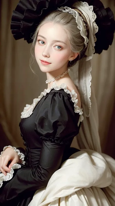 Close-up of Marie Antoinette’s naturally beautiful face with large, expressive eyes and a gentle smile. Her hair is simple yet elegant, cascading down naturally, and her makeup is light and refined