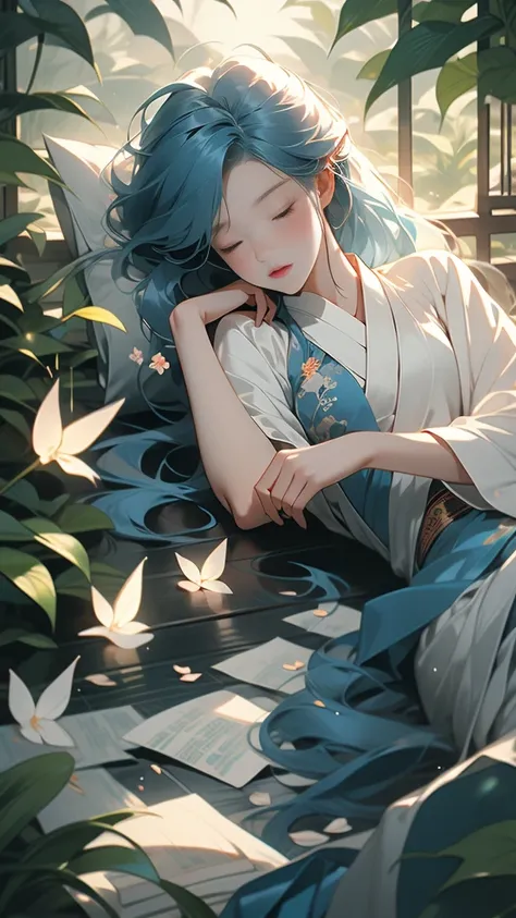 sleeping garden, Chinese painting, forest, Hanfu, , clothes open, 1 Girl, alone, Long blue hair, lying down, paper crane is flying,There are paper cranes all around. There are so many paper cranes.