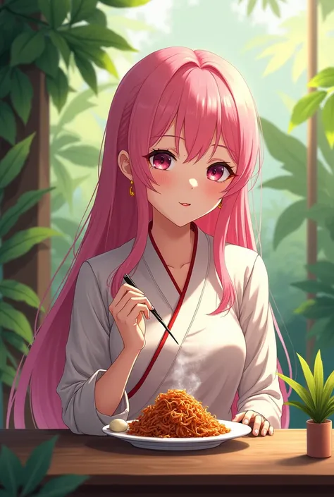 Anime girl with long pink hair eating rendang nasi Padang