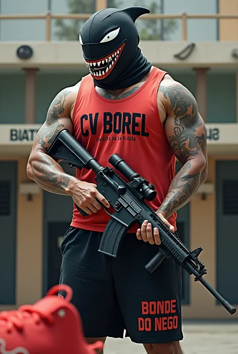 Muscular man with a black orca whale face with white details and tattooed arms wearing a red tank top with CV Borel written in capital letters, a pair of black shorts with the words &quot;bonde do Nego&quot; written on them a red Nike sneaker in the backgr...