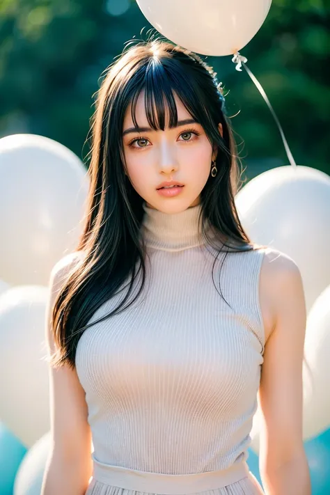 masterpiece of the highest quality, Highly detailed background, perfect lighting highest quality,Standing in the middle of a ton of white balloons、Fashion portrait photo of a beautiful young woman in the 60s wearing a red turtleneck, Shot with a Hasselblad...