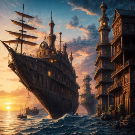 A steampunk town seen from afar, Bronze and Gold, watercolor, Intricate details, Magical, rare, Beautiful but strange, Steampunk Airship, sunset