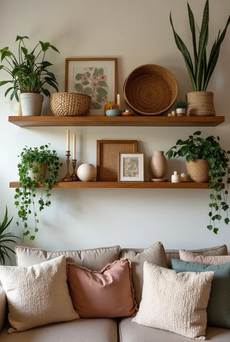 An image of beautifully styled floating shelves, showcasing creative decorations and plants, boho souvenirs, in the drawing room above a sofa