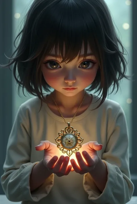 girl sitting looking at a necklace with clock pressing it short black hair