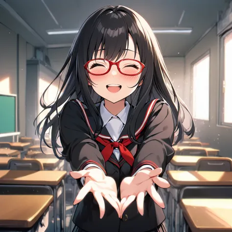 1 girl, red and black school uniform, fringe, glasses, by the wide, black hair, in a classroom, Happy, blushing, extending hands, throw, High Quality, 