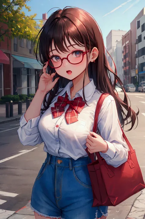 1girl, outdoors, shirt, solo, bag, glasses, open_mouth, blush, long_hair, shorts, street, collared_shirt, road, bowtie, bow, long_sleeves, looking_at_viewer, brown_hair, plaid, plaid_bow, holding, denim, bangs, building, shirt_tucked_in, blue_shorts, breas...