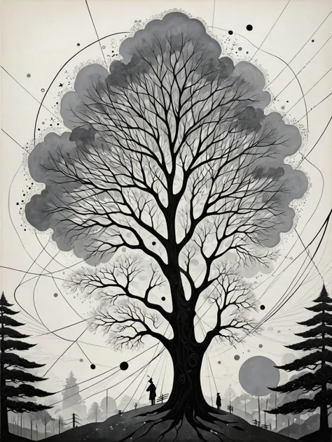 Kandinsky、Plane composition、Black, White and Gray、Abstract lines，Abstract geometry图形组成、Abstract big tree，Black and white contrast，Abstract geometry，Point, line and surface abstraction