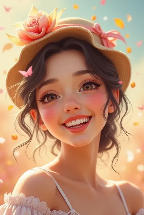 Create a very beautiful woman with a charming smile she is very happy and excited with a hat 

