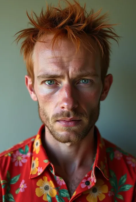 An ugly young man with red hair loss and red shirt with floral pattern