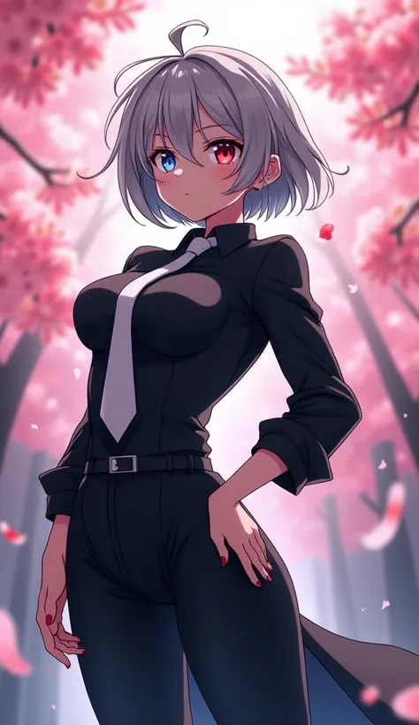 woman。Muscle White。Gray Hair。Bob。Odd Eye。Right eye is red。Left eye is blue。Black long shirt。White tie。whole body。cherry blossoms。Anime Style。High resolution, 