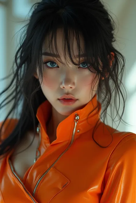 A beautiful 2 half-British, half-Japanese woman who is an assassin by profession. , dark blue eyes, clothes in orange color details in metallic white, movies, take a photo, half Backlight, Backlight, Amazing lights , Filament, Soft light, Incredibly detail...