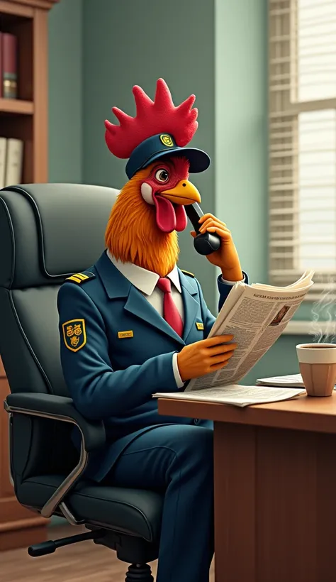 A rooster dressed as a bus driver sits on a chair in front of his desk with a computer and a cup of coffee in front of him, talking on a landline phone and holding a newspaper in his hand.  