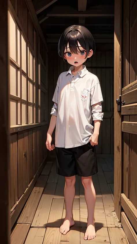 European style,Inside an old wooden hut,Horror atmosphere,darkroom,night,night中,Little child man,White shirt,Black shorts,sweat,boyish,Standing,Embarrassing,Please open your mouth wide,barefoot,front,Surprised,panic,shy,Embarrassing気持ち,Cowboy Shot,Troubled...