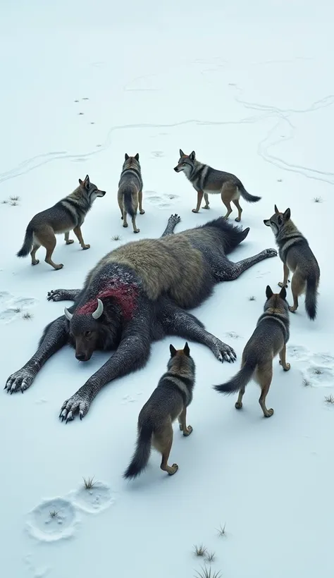 a dead buffalo is lying on the ground and pack of wolfs is standing with it  in snow land 