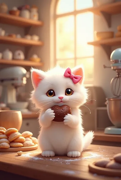 A white kitten with pink bows, working in a bakery, happy with a chocolate in hand