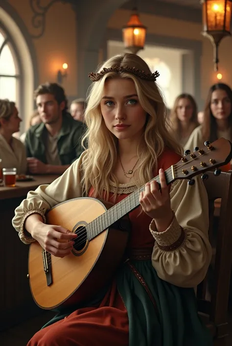 1 minstrel, age 25, beautiful european woman, she has ash-blonde hair, she has green eyes, she wears bard cloths, she sits in a tavern playing the lute for drinking and eating people