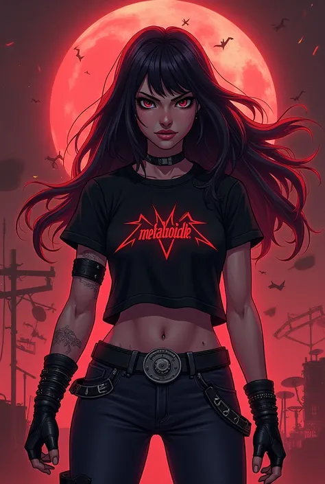 a long haired heavy rock metal anime style woman, Argentine nationality. with a t-shirt and the logo with a background with instruments and technology, On the t-shirt it has to say "metaloide.net"  small logo size