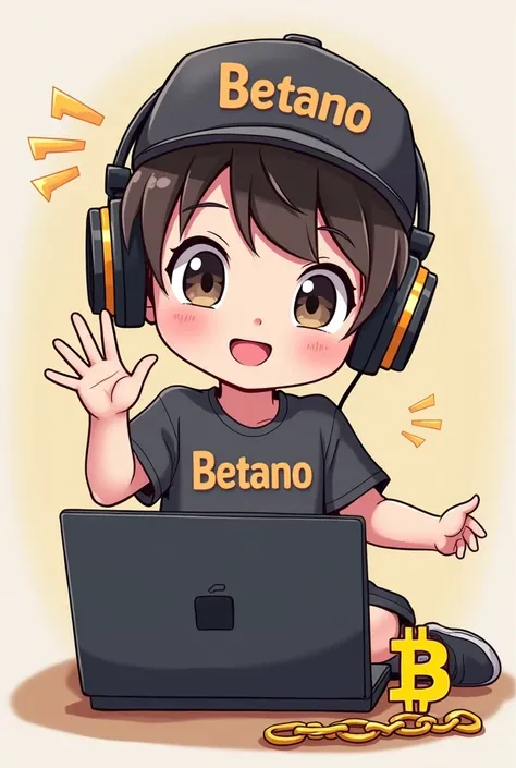 anime boy sitting waving at camera with headphones and a laptop with a shirt written "BETANO" and a cap with the word BETANO written on it WITH THE NAME BETANO IN ORANGE and a large chain with the BITCOIN logo, , comic style, Cutecore, discord profile pict...