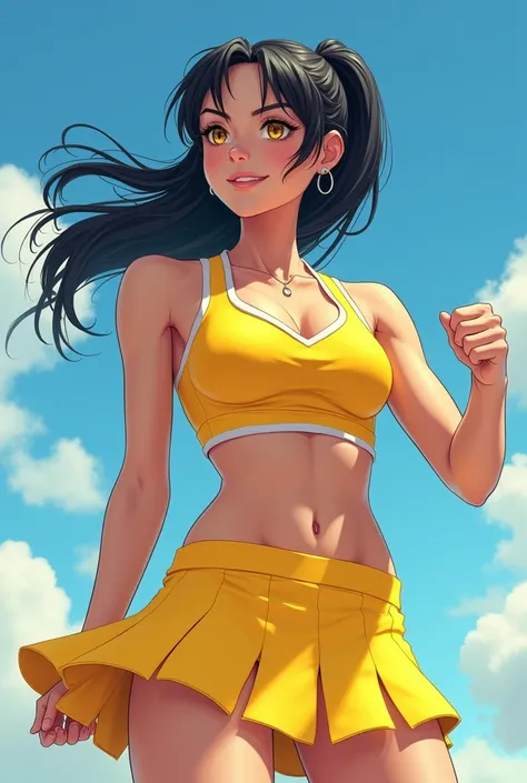 Masterpiece, top quality, black hair, ponytail, yellow eyes, big tits, cleavage, cheerleader, yellow uniform, short sleeves, yellow mini skirt, cheering, blue sky