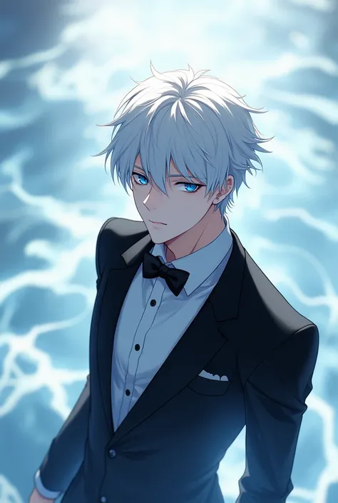 Anime character with white short hair and blue eyes and black and white tuxedo, perfect face, insanely detailed, anime male character, white flowing water, 4K.