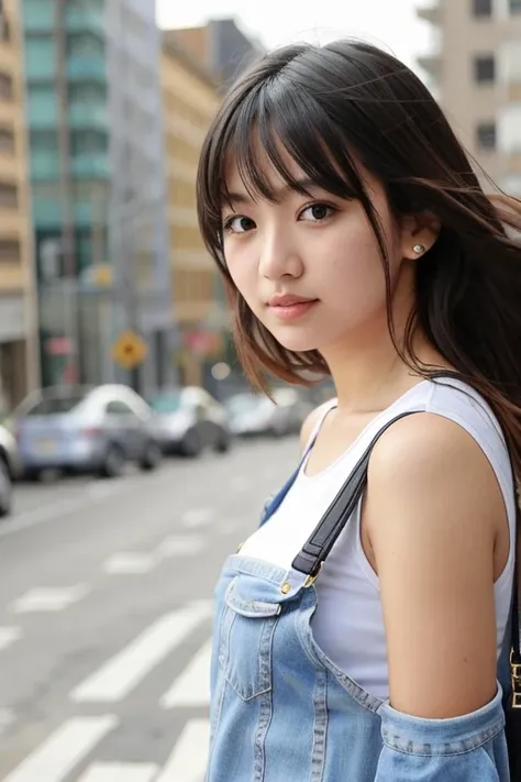 1girl, upper body, cityscape,  blurry background,