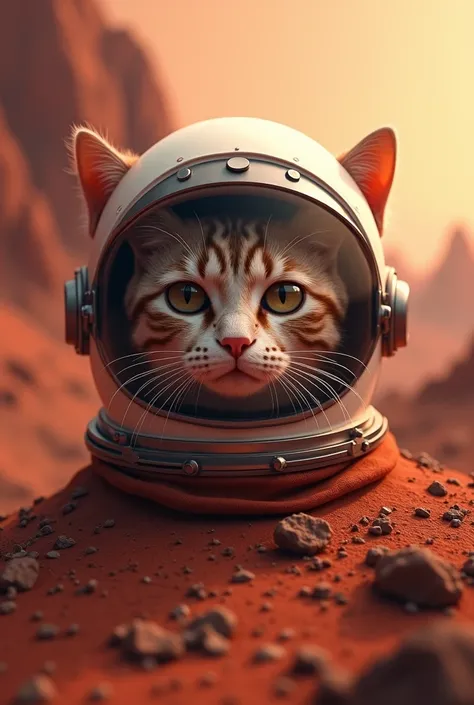 A super realistic astronaut cat head on a red planet  