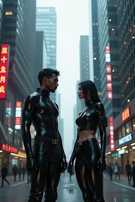 there are two people standing in a city street with tall buildings, altered carbon style, style game square enix, medium shot of two characters, all black cyberpunk clothes, neo - noir style, 8 k movie still, movie still 8 k, movie promotional image, urban...