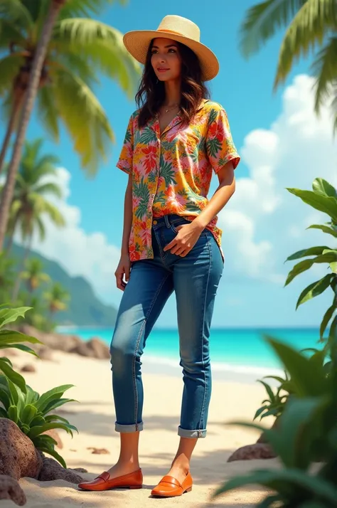 Panama hat,hawaii shirt, blue jeans, slip on
