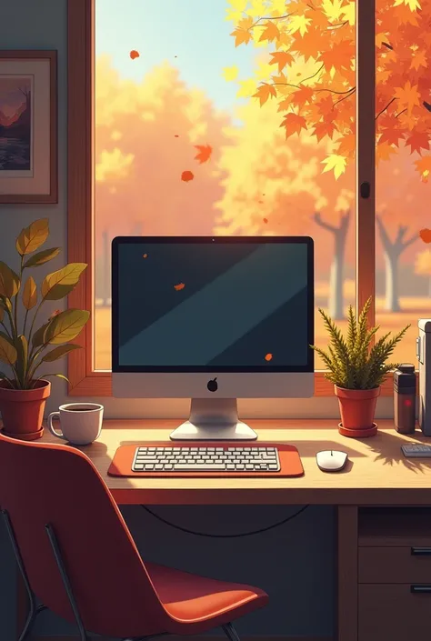 Écran d’ordinateur sur Bureau en anime en mode automne avec un café dans une ambiance LoFi 