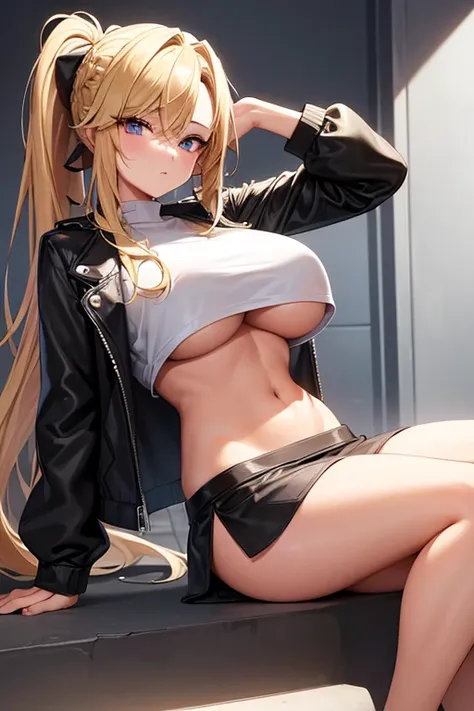 (masterpiece), best quality, expressive sexy eyes, perfect face, tall, big boobs, tan, blonde braided bangs, long ponytail, black mini skirt, leather crop top jacket, white t-shirt, heels