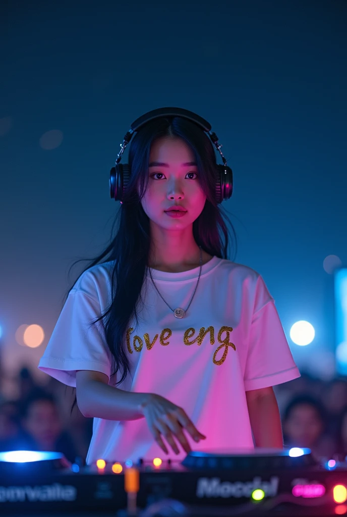 A beautiful Asian girl DJ playing music in the night sky wearing a white short-sleeved shirt with gold writing &quot;I love Eng&quot; 