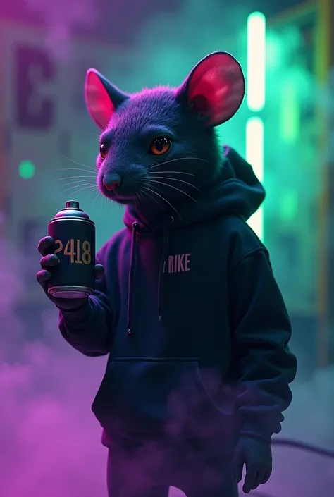 Alien mouse shh silence hoodie all black with nike branding, holding spray can with number 2448, gym wallpaper bodybuilder, neon ultra violet lime green, fog, smoke, special effects, quality 8k, drone sky
