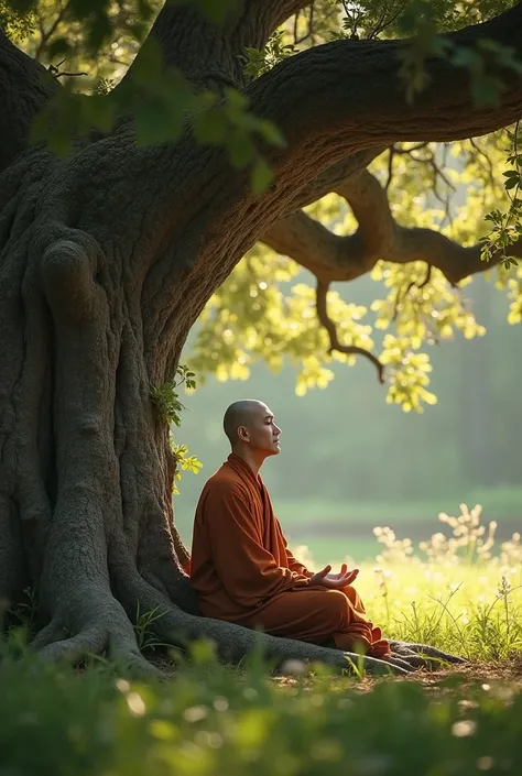 A 30-year-old monk meditates under a large tree. The image is sharp and realistic. Photo taken by Nikon D950 Daylights.