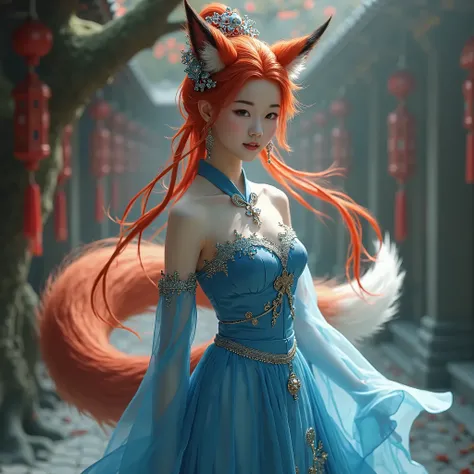 (best quality,4k,8k,highres,masterpiece:1.2),ultra-detailed, Chinese fox spirit Su Daji, red hair, blue traditional Chinese dress, HDR, 8k, absurdres, cinestill 800, sharp focus, (solo woman) (intricate detail)),(((realism))), HDR, 8k, absurdres, cinestill...