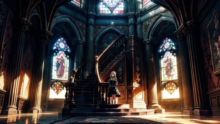 A Gothic mansion with red carpets、Beautiful windows、Stained Glass、Dark wooden pillars、Light streaming in、lobby、Wooden staircase