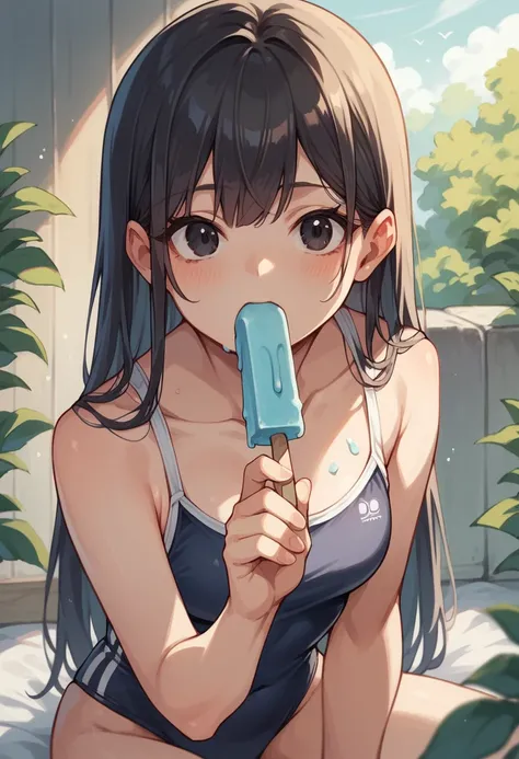 Anime girl eating popsicles with black long hair and black eyes and a cute swimsuit 