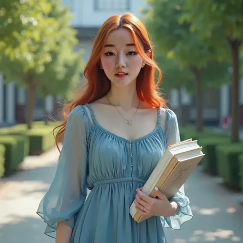 (best quality,4k,8k,highres,masterpiece:1.2),ultra-detailed, Chinese literary character Su Daji as a college student, red haired Chinese college student, Dilraba Dilmurat, walking on campus. blue sundress, carrying books HDR, 8k, absurdres, cinestill 800, ...