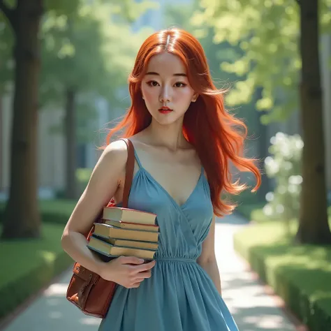 (best quality,4k,8k,highres,masterpiece:1.2),ultra-detailed, Chinese literary character Su Daji as a college student, red haired Chinese college student, Dilraba Dilmurat, walking on campus. blue sundress, carrying books HDR, 8k, absurdres, cinestill 800, ...