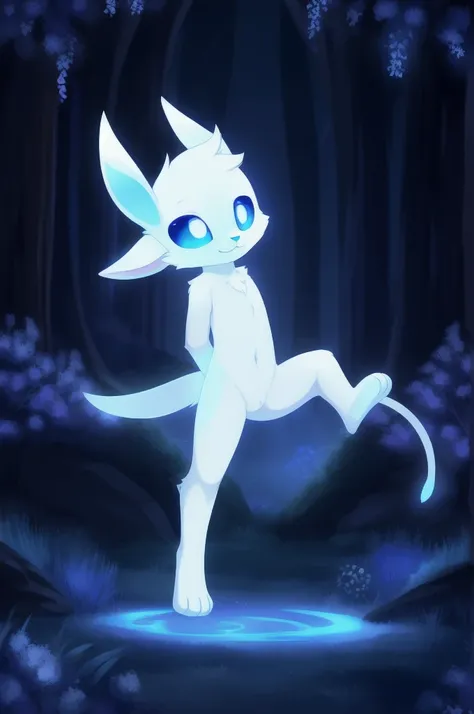 "Ori and the blind forest", Ori, shota, young, white body fur, blue sclera, white pupils, narrowed eyes, dark blue nose, :3, full body, feets with three toes, stand, night, forest, detailed body fur, detailed face, detailed eyes, glistering body, shiny bod...