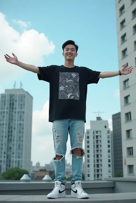 Professional photography, hyper-realistic, featuring a young Korean man wearing a black t-shirt with an abstract design, light blue ripped jeans, and Nike Air Jordan shoes. He is standing on the corner of a rooftop of a tall building, with his arms outstre...