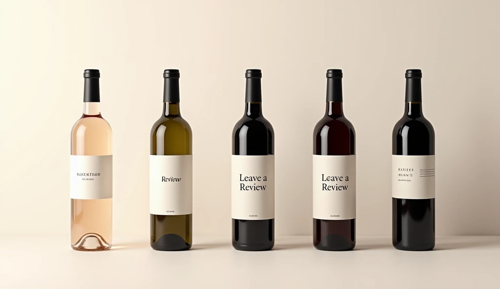 Create a horizontal minimal  banner for creative wine bottles and there is written leave a review on the labels of the wine bottles 