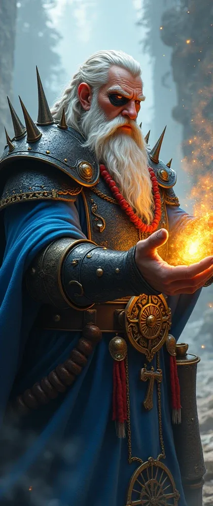 male, dwarf, (Masterpiece 1.5, intense details)cleric, paladin, (Masterpiece 1.5, intense details), casting a spell (Masterpiece 1.3, intense details),wearing heavy black armor with spikes (Masterpiece 1.2, intense details), wearing an eye patch, blue cloa...