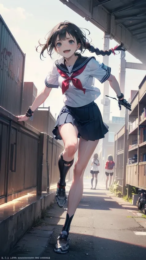 Full Body Shot,Perfect Eyes, Soft Light, high quality, 8k resolution, Masterpiece: Finely textured skin, Attention to detail, 最high quality, Awards, Very detailed, high quality,((Teenage Girls,Student Uniform,High school girl,Body 30％mechanical,Laugh natur...