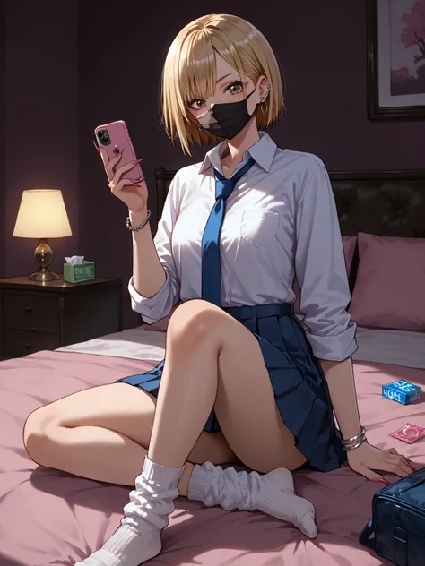 score_9, score_8_up, score_7_up, sorce_anime, 1girl, solo, gyaru, blonde hair, very short hair, brown eyes, mouth mask, black mask, nail polosh, sharp fingernails, single pierced earring, silver bracelet, white shirt, collared shirt, sleeves rolled up, blu...